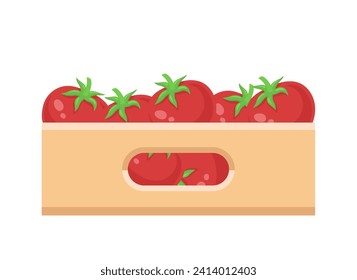 Caja de cartón ondulado con tomates. Clipart vector aislado en fondo blanco.