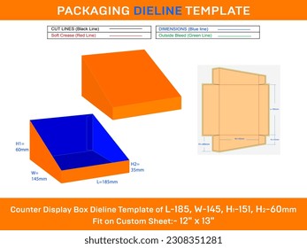 Cardboard counter display box dieline template for cosmetics L 185xW 145xH1 60xH2 35mm