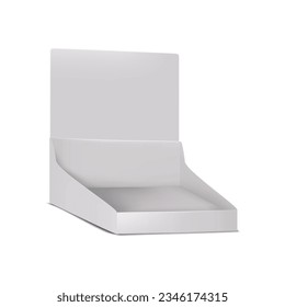 Cardboard counter display vector mock-up. Retail table countertop stand with blank header realistic mockup. Template for design