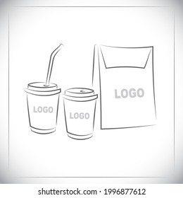 Cardboard cup for coffee and drinks and fast food bag. Mockup branding packages of blank elements. Sketch drawing.