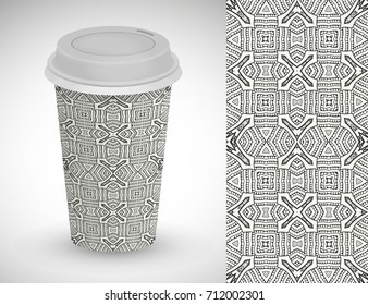 Cardboard cup of coffee with monochrome ornament and hand drawn seamless pattern. Vector take away coffee packaging template, isolated design element for coffee shop. Business coffee break concept