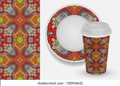 Cardboard cup of coffee and plate with ornament, hand drawn seamless pattern. Vector take away coffee packaging template, isolated design element for coffee shop. Business coffee break concept