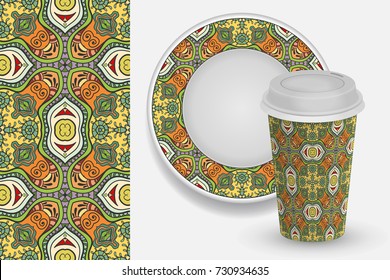 Cardboard cup of coffee and plate with ornament, hand drawn seamless pattern. Vector take away coffee packaging template, isolated design element for coffee shop. Business coffee break concept