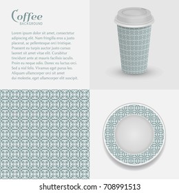 Cardboard cup of coffee and saucer with ornament, seamless line pattern. Take away coffee packaging template, isolated design elements for coffee shop, restaurant menu. Realistic vector cup and saucer