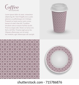 Cardboard cup of coffee and saucer with ornament, seamless line pattern. Take away coffee packaging template, isolated design elements for coffee shop, restaurant menu. Realistic vector cup and saucer