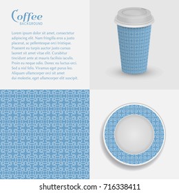 Cardboard cup of coffee and saucer with ornament, seamless geometric pattern. Take away coffee packaging template, isolated design elements for coffee shop, restaurant menu. Realistic cup and saucer