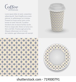 Cardboard cup of coffee and saucer with ornament, seamless geometric pattern. Take away coffee packaging template, isolated design elements for coffee shop, restaurant menu. Realistic cup and saucer
