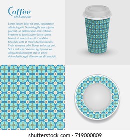 Cardboard cup of coffee and saucer with ornament, seamless geometric pattern. Take away coffee packaging template, isolated design elements for coffee shop, restaurant menu. Realistic cup and saucer