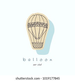 Cardboard cutout hot air balloon. Hand drawn paper sticker. Travel banner with place for text. Vector illustration