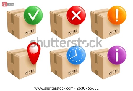 Cardboard delivery box or 3d parcel with various icons or signs. Cargo delivery icon set such as delivered, cancelled, info, location tracking, time. Logistic, shipping concept. Vector illustration