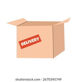 Caixa de entrega de cartão com abas abertas e etiqueta de entrega vermelha. Ilustração vetorial plana para transporte, logística e projeto de embalagem.