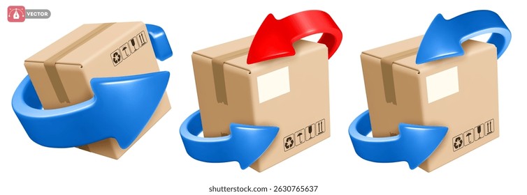 Cardboard delivery box or parcel with blue and red arrows spinning around. Return parcel to sender, exchange of goods, symbol of recyclable material. Logistic, delivery concept. Vector illustration