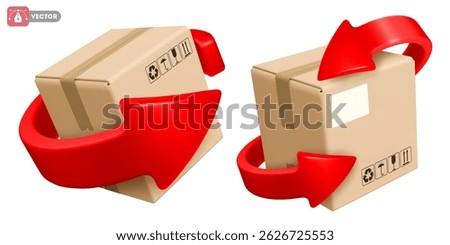 Cardboard delivery box or parcel with red arrow spinning around. Return parcel to sender, exchange of goods, symbol of recyclable material of box. Logistic, delivery concept. Vector illustration