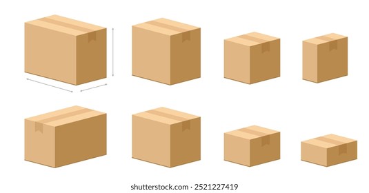 Cajas de entrega de cartón de diferentes tamaños conjunto icono de Vector Ilustración gráfica 3D, paquete de papel de paquete postal de entrega de cartón Pequeños objetos Medianos grandes Imagen Clip arte