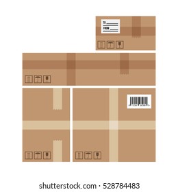Cardboard delivery boxes set, collection isolated on white background.