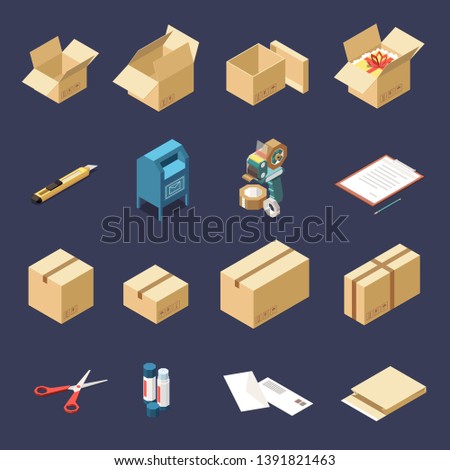 Cardboard delivery boxes and tools for packaging isometric icons set isolated on blue background 3d vector illustration