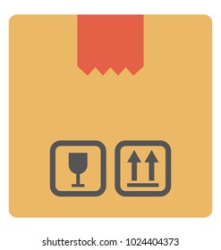 A cardboard delivery package ready to deliver, flat vector icon