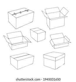 Cardboard delivery packaging open and closed box of different shapes. A set of cardboard box layouts in the doodle style.
