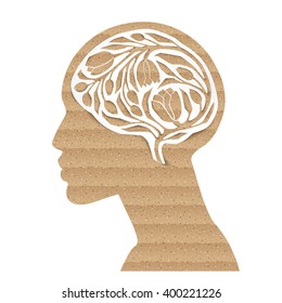 Cardboard design. The concept of environmental awareness, alternative lifestyle, healthy life. Abstract human profile with brain, vector illustration. 
