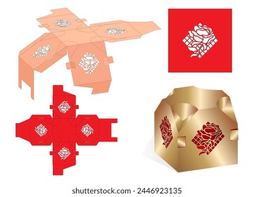 Cardboard Die Cut. Folding Ready Packaging, No Glue Needed. Retail gift box.  Blueprint template 3D preview. Vector illustration on transparent background.