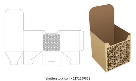 Cardboard display box with stenciled Arabic pattern die cut template and 3D mockup