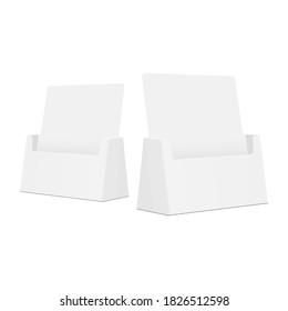 Cardboard display holders for pamphlets, cards, brochures, booklets, literature, isolated on white background. Vector illustration