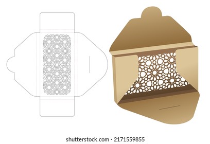 Cardboard document box with stenciled Arabic pattern die cut template and 3D mockup