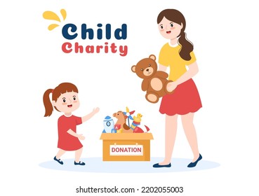 Cardboard Donation Box Containing Toys For Children, Social Care, Volunteering And Charity In Hand Drawn Cartoon Flat Illustration