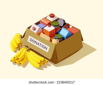 Cardboard Donation Box With Different Food and Products for People in Need. Charity Concept. Isometric Vector Illustration in Low Poly Style