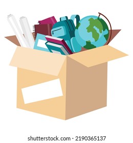 Caja de donación de cartón llena de material escolar o papel. Caridad y donaciones para los pobres, ayuda a los sin hogar y ayuda a los necesitados. Voluntariado, concepto de caridad de cuidados sociales. Elementos necesarios
