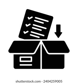 Icono de concepto de flecha hacia abajo de cartón para el cumplimiento de pedidos, diseño de vectores de paquete entregado