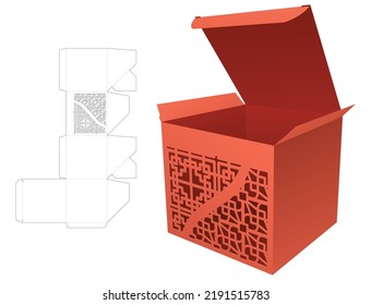 Cardboard flap box with 2 stenciled patterns die cut template and 3D mockup