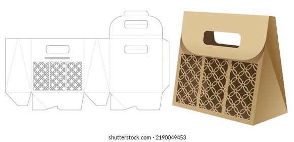 cardboard flip bag with stenciled window die cut template and 3D mockup