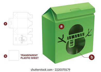 Cardboard flip box with snowman window die cut template and 3D mockup