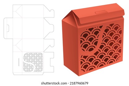 Cardboard flip box with stenciled Japanese pattern window die cut template and 3D mockup