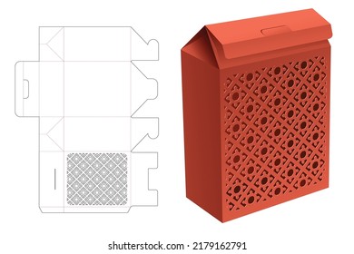 Cardboard flip box with stenciled pattern window die cut template and 3D mockup