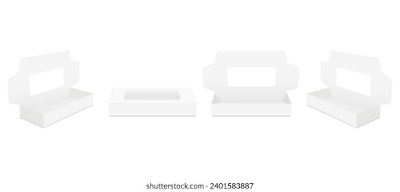 Cardboard Flip Top Mailer Boxes With Window, Opened And Closed Lid, Front, Side View, Vector Illustration