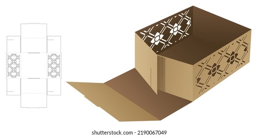 Cardboard folding bowl with stenciled pattern window die cut template and 3D mockup