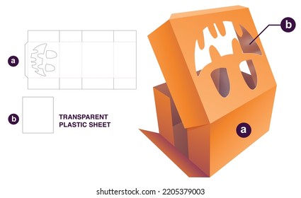 Cardboard folding box with Halloween window and transparent plastic sheet die cut template and 3D mockup