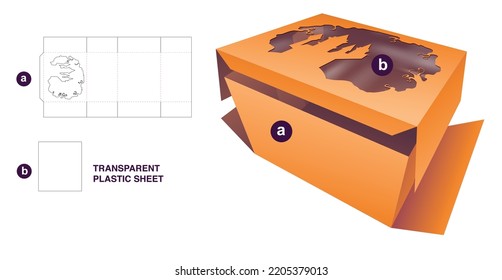 Cardboard folding box Halloween window and transparent plastic sheet die cut template and 3D mockup