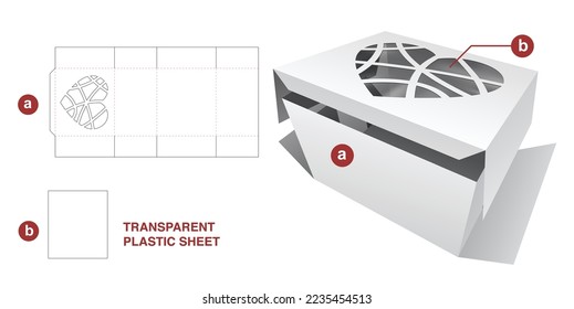 Cardboard folding box heart window and transparent plastic sheet die cut template and 3D mockup
