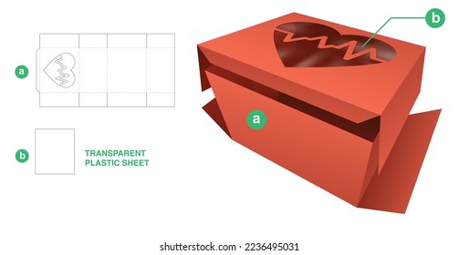 Cardboard folding box heart window and transparent plastic sheet die cut template and 3D mockup