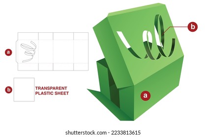 Cardboard folding box with stenciled confetti and transparent plastic sheet die cut template