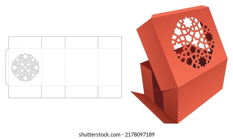 Cardboard folding box with stenciled pattern window die cut template and 3D mockup