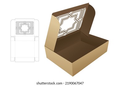 cardboard folding box with stenciled window die cut template and 3D mockup