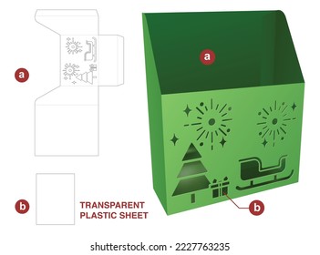 Cardboard folding container with stenciled Christmas festival die cut template and 3D mockup