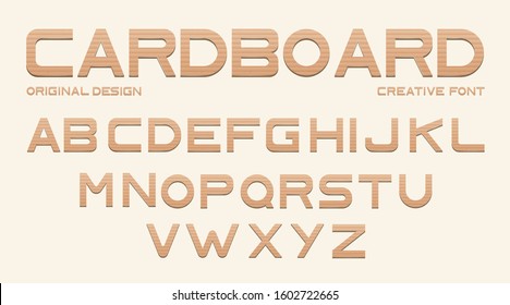 Cardboard font, alphabet from brown craft paper. Vector type from corrugated carton, uppercase letters cut from box isolated on background. Typography original design