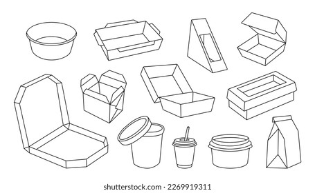 Umriss-Set für Kartons. Behälter wegnehmen. Verpackungen für Papier- und Plastikverpackungen. Leere Imbiss-Verpackung. Recyclingverpackungen