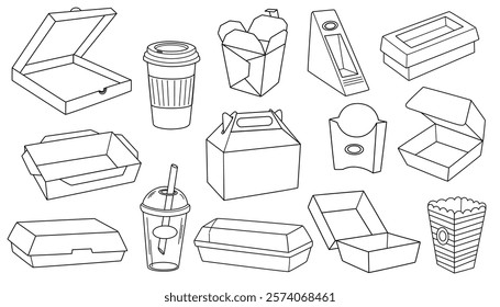 Cardboard food boxes outline set. Takeaway containers. Paper and plastic takeaway containers set. Empty snack packaging. Carton disposable, recyclable packs. Vector illustrations isolated
