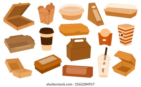 Cardboard food boxes set. Takeaway containers. Paper and plastic takeaway containers set. Empty snack packaging. Carton disposable, recyclable packs. Vector illustrations isolated on white background